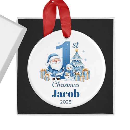 Image of Personalised Baby Boy's First Christmas Bauble with Gift Box - Santa & Tree Scene - Custom Name & Year - Ceramic Tree Ornament Decoration Keepsake Gift for My 1st Xmas