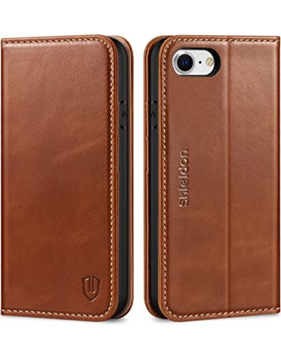 Image of SHIELDON Wallet Case for iPhone SE 2022, Genuine Leather Folio Case Magnetic Shock Absorbing Case with [Card Holder][Kickstand] Protective Flip Cover Compatible with iPhone 8/7 4.7" - Retro Brown