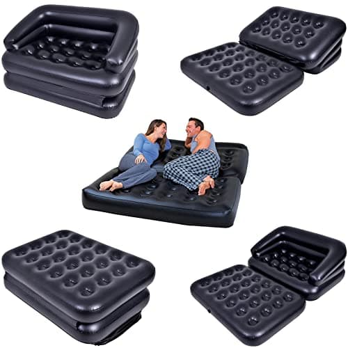 Image of Crystals 5 in 1 Inflatable Double Sofa Airbed – Blow Up Couch Lounger Mattress, Multi-Use Foldable Guest Bed for Home, Camping & Travel, Quick Inflate Portable Sofabed, Black
