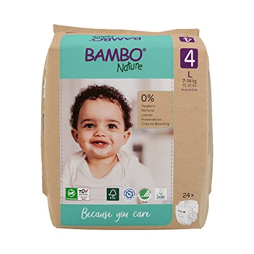 Image of Bambo Nature Premium Eco Nappies, Size 4 (15-31lb/7-14 kg), Maxi, 24PK, Eco-Labelled Sustainable Nappies, Enhanced Leakage Protection, Secure and Comfortable Baby Nappy