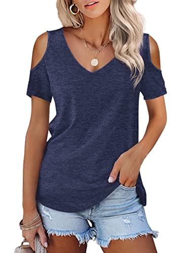Image of Beluring Women's Tops Comfy V Neck Short Sleeve Blouse Tee Shirts Navy Blue Size 12 14