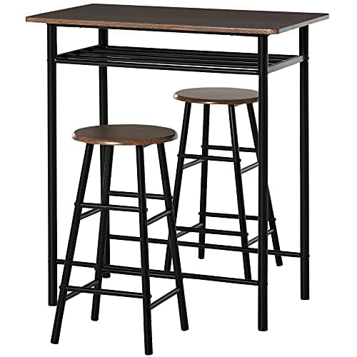 Image of HOMCOM Bar Table Set, Bar Table and Stools Set, Footrest and Storage Shelf, for Kitchen, Dining Room, Pub, Cafe, Black and Oak