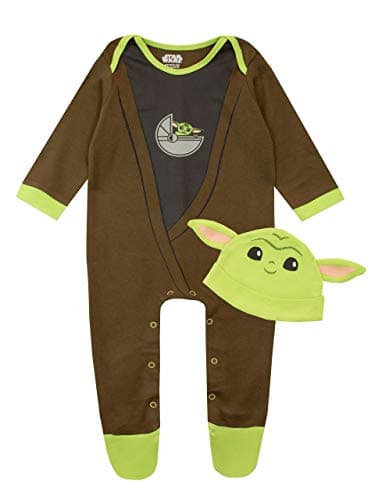 Image of Star Wars Baby Boys Sleepsuit and Hat Set The Mandalorian Baby Yoda Multicolured 3-6 Months Multicoloured