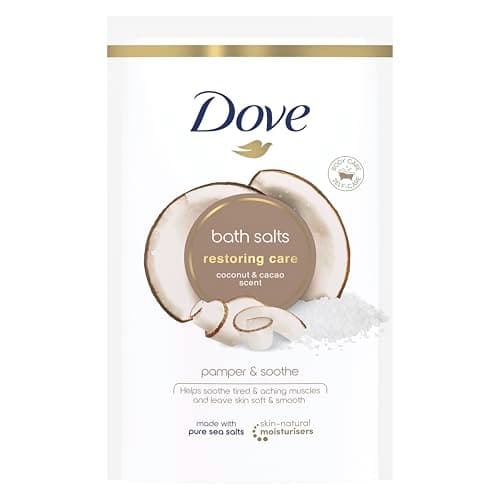 Image of Dove Restoring Care Coconut & Cacao Bath Salts with skin-natural moisturisers to relax your mind & body, leaving your skin smooth & soft 900 g