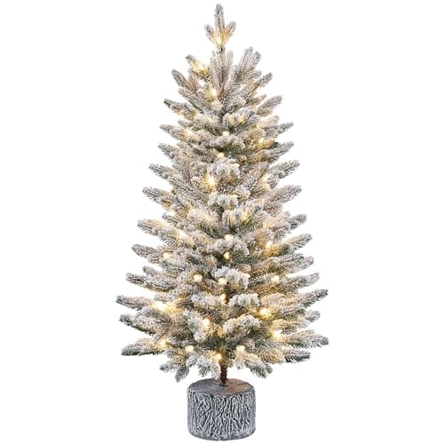 Image of Yaheetech 3ft/92cm Pre-lit Potted Flocked Tabletop Christmas Tree, Mini Snowy Frosted Artificial Spruce Xmas Tree with 50 Warm White LED Lights and 355 PE Branch Tips for Home Porch Decor