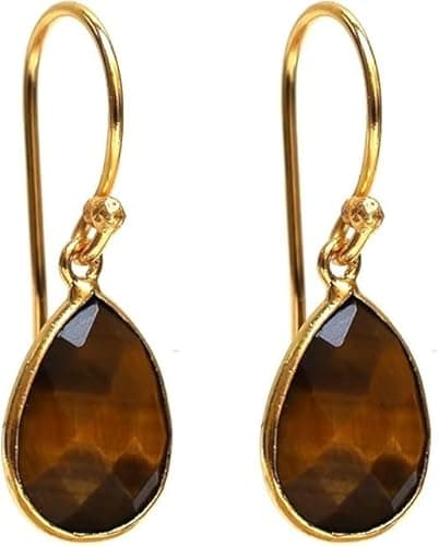 Image of Gempires Teardrop Gemstone Earrings for Women | Pear Shape Faceted Crystal Dangle Drop Earrings | Gold Plated Hypoallergenic Jewellery (Multiple Gemstone Options) (Tiger's Eye)