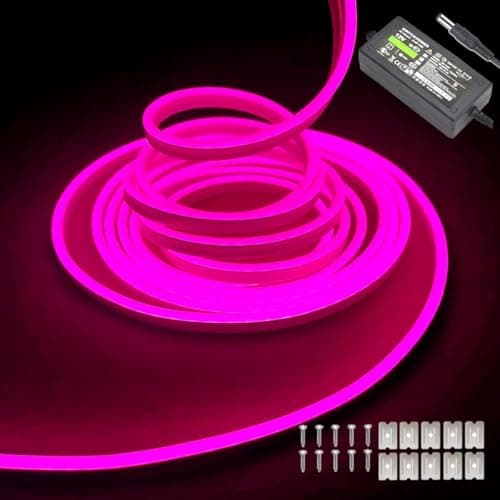 Image of Pink neon LED strip lights – 16.4ft/5m 12V DC flexible rope light with 600 high-density SMD2835 LEDs, featuring IP65 waterproof rating for indoor and outdoor decoration (includes power adapter).