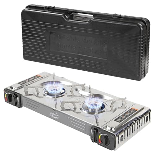 Image of Taylor & Brown Portable Dual Burner Camping Stove Stainless Steel with Carry Case | EN417 Compliant Premium Gas Double Stove | with Automatic Ignition & Heat Control
