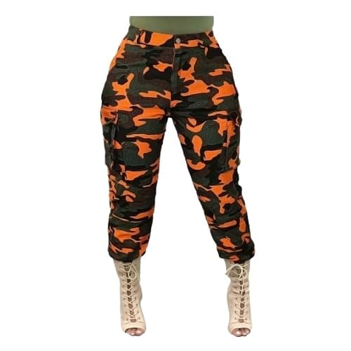 Image of DINGJIUYAN Women's Cargo Trousers High Waist Camouflage Work Pants with Pockets Orange XL