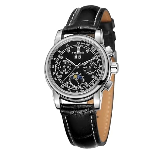 Image of FORSINING Women Waterproof Automatic Business Watch Lady Calendar Self Winding Stainless Steel Moon Phase Wrist Watch Black Colour