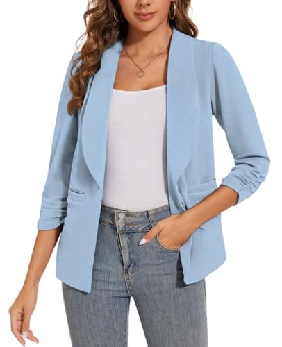 Image of LADI TREND Womens Solid 3/4 Ruched Sleeve Open Front Lapel Work Office Blazer Jacket (Light Blue XL)