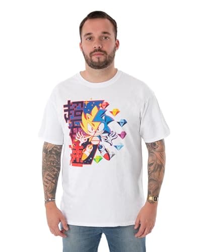 Image of Sonic The Hedgehog Mens T-Shirt | White Super Sonic Diamonds Graphic Tee for Adults | Short Sleeve Nostalgic 90s Gamer Apparel | Lightweight Short-Sleeve Top | Retro Sonic Artwork Game Gift for Him