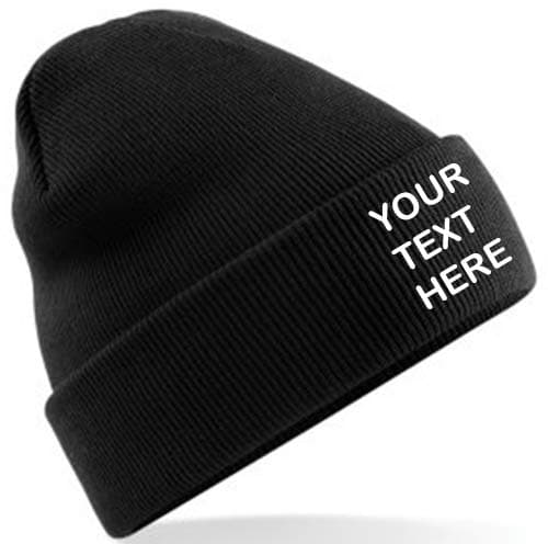 Image of Personalised/Embroidered Mens/Ladies Black Beanie Hat, Text/Logo (Black)
