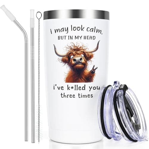 Image of Livole Highland Cow Gifts for Men, Women, Him, Her, Funny Mugs for Men, Women, Unusual Christmas Presents, I May Look Calm, But in My Head I’ve K*lled You Three Times, 20oz 600ml Wine Tumbler Glasses