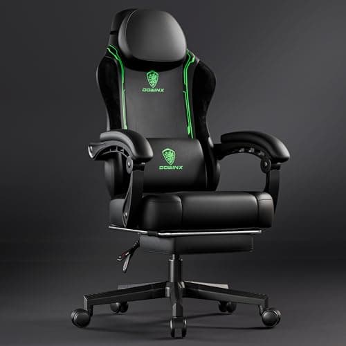 Image of Dowinx Gaming Chair for Adults With Footrest, Ergonomic High Back Leather Chair With Pocket Spring Cushion, Massage Lumbar Support - 200kg Black & Green