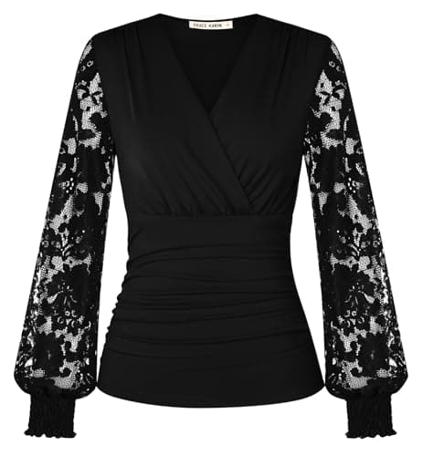 Image of GRACE KARIN Women’s Long Sleeve Tops Elegant Wrap V-Neck Ruched Tunic Blouses Casual Vintage Blouse Shirt for Evening L Size 16 Black