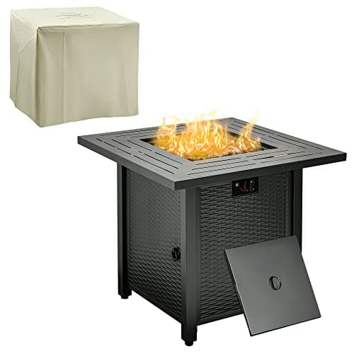 Image of Outsunny Square Propane Gas Fire Pit Table, 40000 BTU Rattan Smokeless Firepit Patio Heater with Protective Cover, Glass beads and Lid, 71cm x 71cm x 63cm, Black