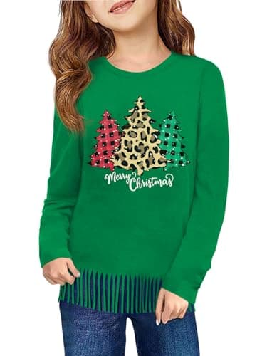 Image of Haloumoning Girls Christmas Long Sleeve T Shirts Kids Ugly Crewneck Fringe Tops Xmas Tree Tees 5-14Y, Green, 7-8 Years