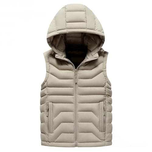 Image of Boys Girls Hooded Puffer Vest Padded Down Gilet Kids Sleeveless Zipper Quilted Winter Coat with Pockets Toddler Lightweight Warm Waistcoat Plain Casual Thermal Clothes (Khaki, 12-14 Years)