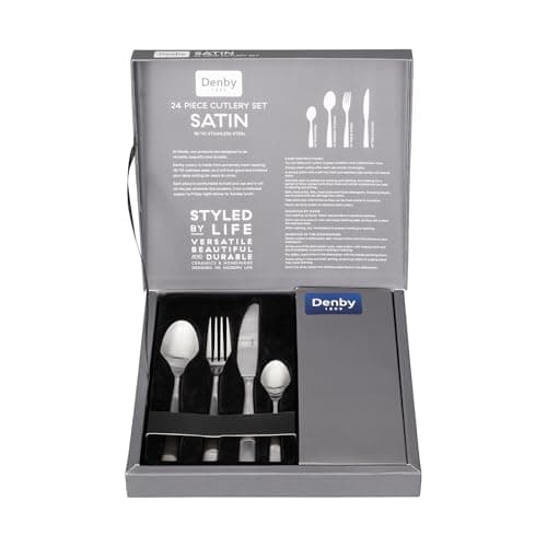Image of Denby - Satin 24 Piece Stainless Steel Cutlery Set for 6 People - Dishwasher Safe Tableware Kitchen Service – Flatware Set with Fork, Table Knife, Dessert Spoon & Teaspoon