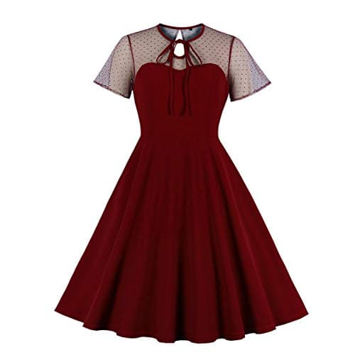 Image of Wellwits Women's Mesh Neck Sweetheart Vintage Cocktail Dress Polka Dots Wine M
