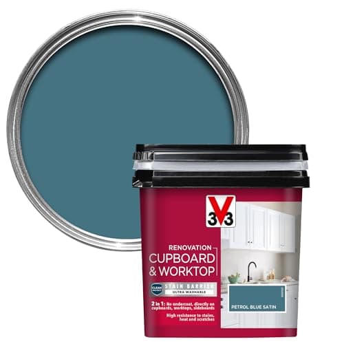 Image of V33 Renovation Cupboard & Worktop Paint - No Undercoat Needed - High Resistance To Water Stains & Scratches - Ultra Washable - Petrol Blue Satin 750ml