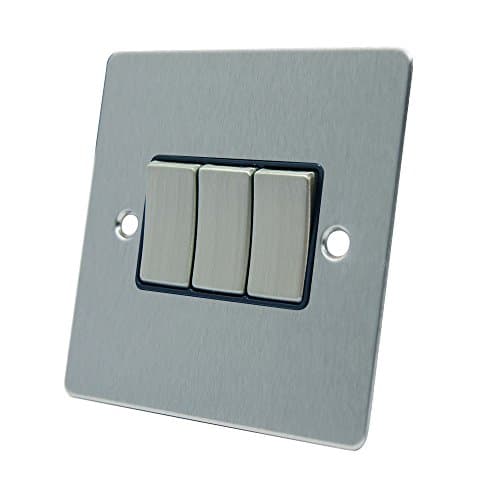 Image of AET FSC3GSWIBS 10 A 3-Gang 2-Way Satin Chrome Flat Triple Light Switch with Black Insert Metal Rocker Switches