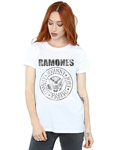 Image of Absolute Cult Ramones Women's Distressed Black Seal Boyfriend Fit T-Shirt White Large