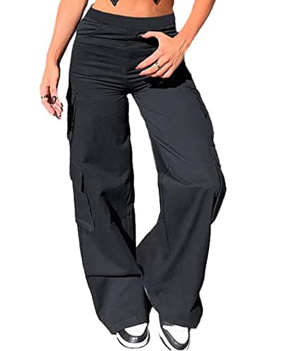 Image of Nuofengkudu Black Bootcut Stretch Cargo Trousers Women Y2K Multi Pockets Utility Elasticated High Waisted Loose Fit Wide Flared Leg Pants Gothic Teen Girls School Bottoms Streetwear Casual Petite XS