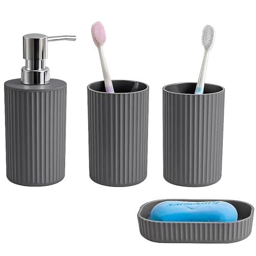Image of Novel Solutions Premium 4-Piece Bathroom Accessories Set – Matt Grey Rubber-Coated Soap Dispenser, Soap Dish, Tumbler Cup & Toothbrush Holder – Modern Vanity Organiser Kit (Grey Finish)