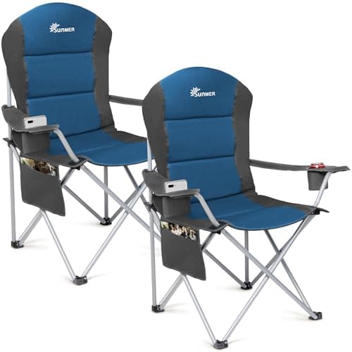 Image of SUNMER Padded Camping Chairs - Set of 2 Deluxe Folding Chairs with Cup Holder and Side Pockets - Holds up to 120kg - Lightweight 3.3kg per Chair - Professional Outdoor & Garden Seating - Dark Blue
