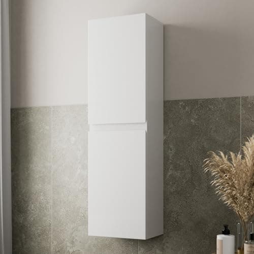 Image of Artis® Centro 1200 x 350mm Wall Mounted Tall Bathroom Cabinet Wall Hung Tall Boy Unit 2 Door Bathroom Furniture Storage Cupboard Tallboy, Soft Close Doors, White Gloss