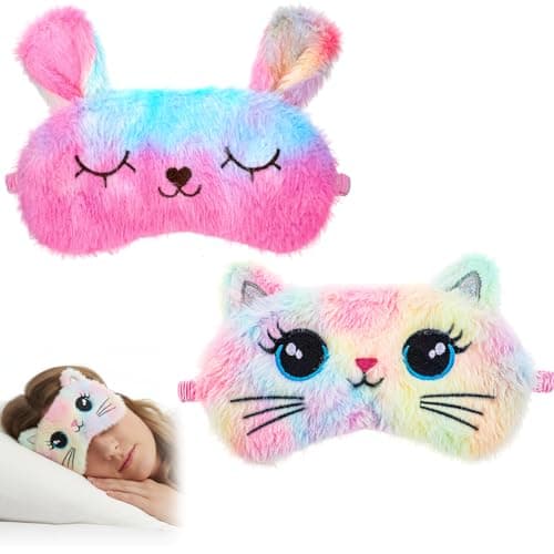 Image of 2 PCS Sleep Mask for Kids, Girls Soft Plush Blindfold Mask Colorful Soft Plush Girls Sleep Masks Comfortable Cute Animal Sleeping Masks, Comfortable Funny Animal Night Eyemask for Home Travel, Cat