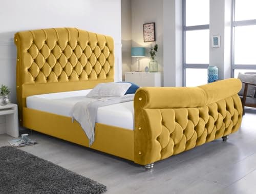 Image of Upholstered Bed Frame Paris Small Double Bed 4ft with Plush Velvet Fabric - Luxurious and Compact Small Double Bed Frame for Ultimate Comfort and Style - Mustard Plush
