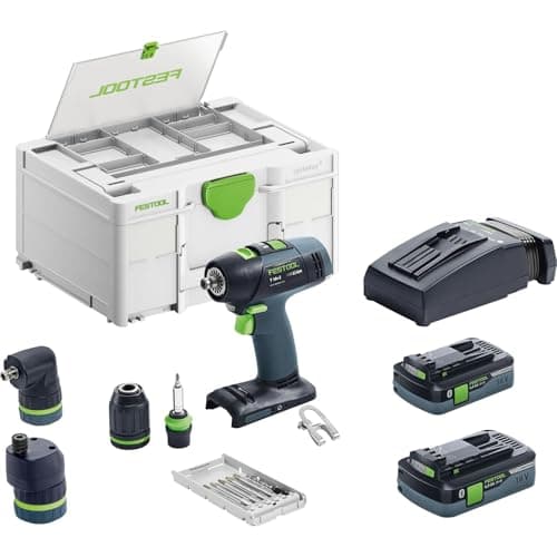 Image of Festool Cordless Drill T 18+3 HPC 4.0 I Set (with Battery Packs, Quick Charger, Tool Chuck, Keyless Drill Chuck, Angle Attachment, Eccentric Attachment, Bit Cassette, Bit PZ, Belt Clip), in Systainer