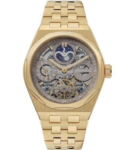 Image of Ingersoll 1892 The Broadway Mens 43mm Automatic Watch with Pale Brown Dial and Stainless Steel Gold Bracelet - I12902
