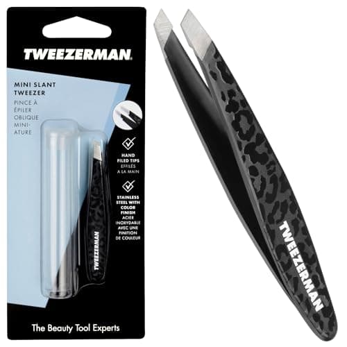 Image of Tweezerman Black Leopard Mini Slant Tweezer, Professional Stainless Steel Precision Tweezers for Facial Hair and Eyebrows, with Travel Case, (Pack of 1)