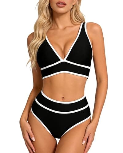 Image of EOAMGO Women’s Bikini Set, Two Piece High Waisted Bikini Swimsuit with Deep V Neck Wide Strap Top, Tummy Control Bottom (UK, Alpha, L, Regular, Regular, Black)