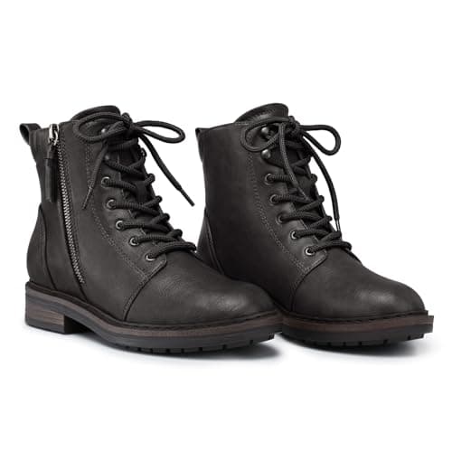 Image of SHIBEVER Combat Ankle Boots Women: Low Heel Fall Boots for Women 2025 Lace Up Lug Sole Zipper Leather Short Booties, Grey, 4 UK