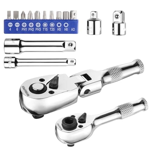 Image of WORKPRO 2-Piece Stubby Handle Ratchet Set with 14 Accessories, 1/4" Dual Socket Short Ratchet Handle with Bit Driver Head, 3/8" Socket Wrench with Flexible Head, Reversible Ratchet 72-Teeth