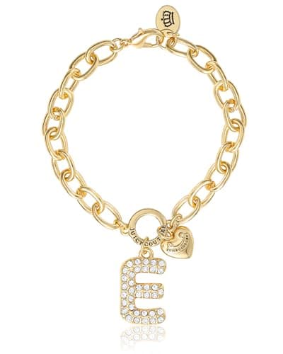 Image of Juicy Couture Charm Bracelet for Women 7.5", Gold-Tone E Initial Bracelet with Bubble Letter Charm and Clear Stones