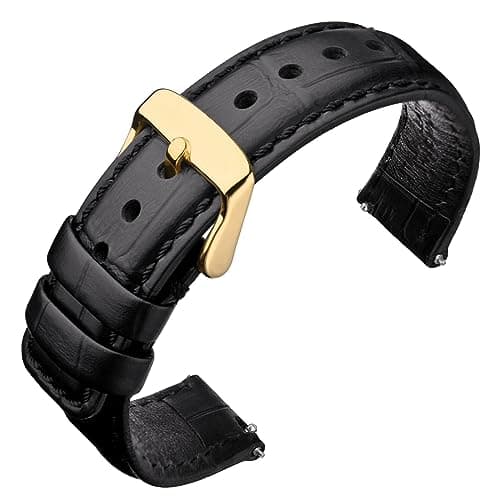 Image of ANNEFIT Quick Release Leather Watch Bands 24mm, Alligator Grain Calfskin Replacement Strap, Stainless Steel Gold Buckle (Black)