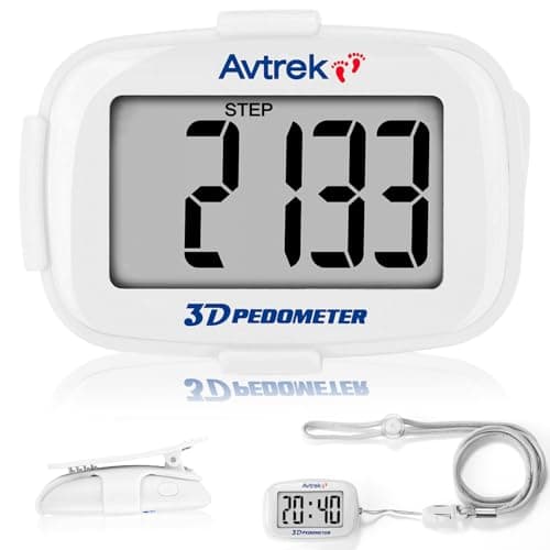 Image of AVTREK Step Counter with Clip and Lanyard, 3D Pedometer With Time Display and LED Backlight, Simple Step Counter for Walking Running, Men Women Elder(White)