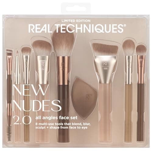 Image of Real Techniques New Nudes 2.0 All Angles Face 10 Piece Set, Face & Eye Makeup Brushes, Includes Makeup Sponge, For Foundation, Concealer, Blush & Eyeshadow, Cruelty-Free