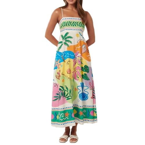 Image of Qianderer Women Cute Print Maxi Cami Dress Loose Sleeveless Spaghetti Strap Boho Dress Flowy Graffiti Beach Long Aline Sun Dress (Green, L)