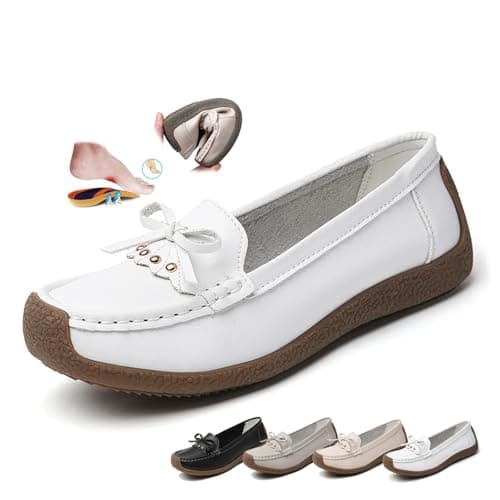 Image of Women's Orthopedic Loafers in Breathable Leather, Wide Fit Leather Loafers Classic Moccasins Casual Slip-on Loafers Driving Shoes (White,3)