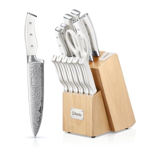 Image of D.Perlla Knife Set, 14 Pieces Kitchen Knife Set with Self Sharpening Wooden Block, German Stainless Steel Knife Block Set with Steak Knives, White