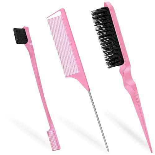 Image of Soodyoow 3-in-1 Slick Back & Edge Brush, Back Combing & Teasing Brush, Rat Tail Comb for Hairdresser, Women, Children, Pink