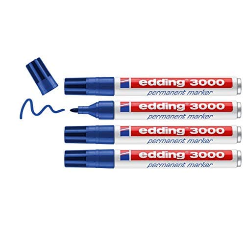 Image of edding 3000 permanent marker - blue - pack of 4 - round nib 1.5-3 mm - quick-drying permanent markers - waterproof, smudge-proof - for cardboard, plastic, wood, metal, fabric - marker pens