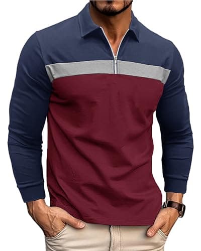 Image of Ryehack Men's 1/4 Zip Polo Shirt Long Sleeve, Raglan & Contrast Color - Casual & Golf T-Shirt, Blue+Red, 3XL
